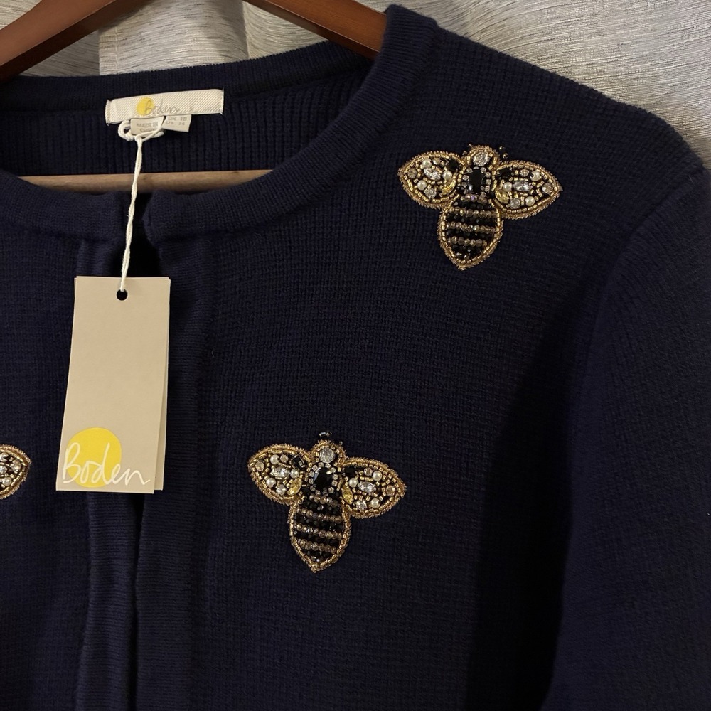 Boden Embellished Bees Sweater Jacket Cardigan Navy Blue Beaded Size 14 US NWT - Picture 4 of 7